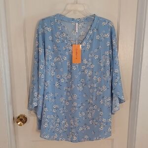 Blue Floral Women's Blouse Size 3xlarge Aodemo Blue And White